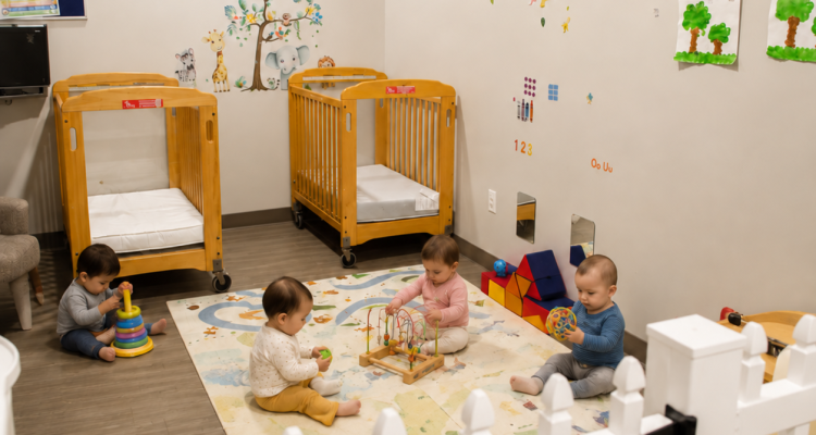 Kids exploring toys in the infants and toddlers classroom at Planet Learning Academy